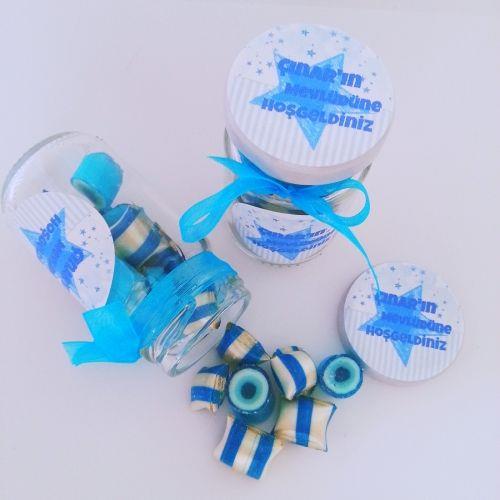 12 ADET MAVİ ÇIÇEKLİ KAVANOZLU  BEBEK ŞEKERİ 119