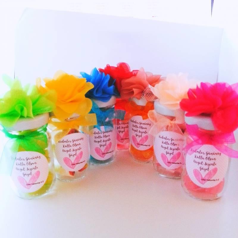 12 ADET COK RENKLI ÇİÇEKLİ KAVANOZLU LOLLY ŞEKER 140