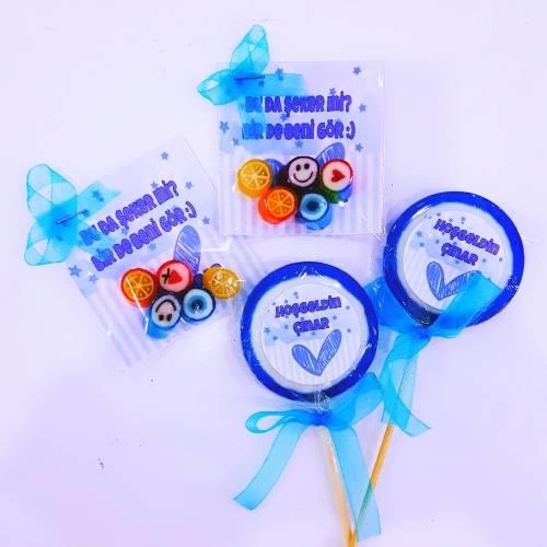 24 Adet 5'li Kart Lolly Şeker + 24 Adet Etiketli Nazar Lolly Lolipop Bebek Şekeri 192