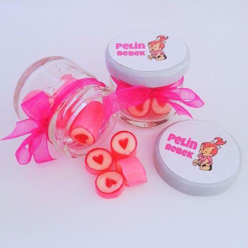 24 ADET ETİKETLİ KURDELELİ KAVANOZ PEMBE KALP LOLLY ŞEKER 82