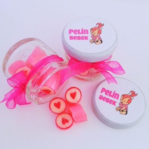 24 ADET ETİKETLİ KURDELELİ KAVANOZ PEMBE KALP LOLLY ŞEKER 82