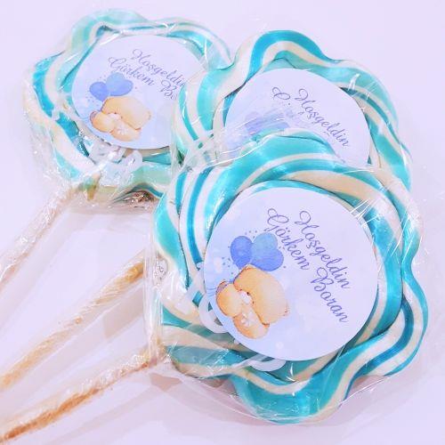 24 ADET ETİKETLİ MAVİ BEYAZ PAPATYA LOLİPOP BEBEK ŞEKERİ L60