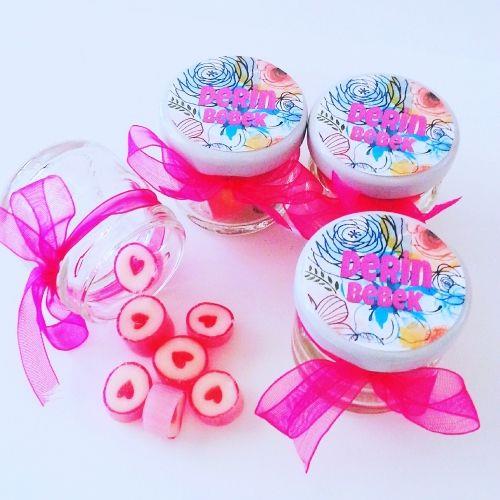 24 ADET ETİKETLİ KURDELELİ KAVANOZ PEMBE KALP LOLLY ŞEKER 54