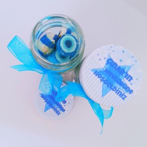 12 ADET MAVİ ÇIÇEKLİ KAVANOZLU  BEBEK ŞEKERİ 119