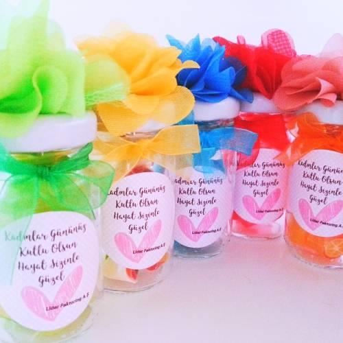 12 ADET COK RENKLI ÇİÇEKLİ KAVANOZLU LOLLY ŞEKER 140