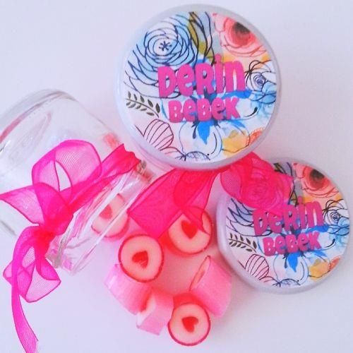24 ADET ETİKETLİ KURDELELİ KAVANOZ PEMBE KALP LOLLY ŞEKER 54