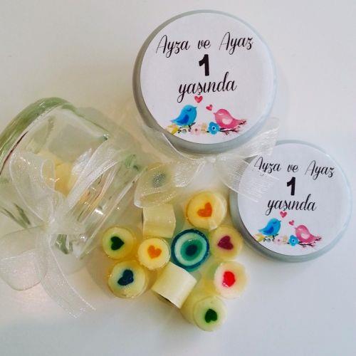 24 ADET ETİKETLİ KURDELELİ KAVANOZ KARIŞIK KALP LOLLY ŞEKER 28