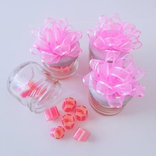 24 ADET KURDELELİ PEMBE YILDIZ ÇİÇEKLİ KAVANOZLU "GİRL" LOLLY BEBEK ŞEKERİ