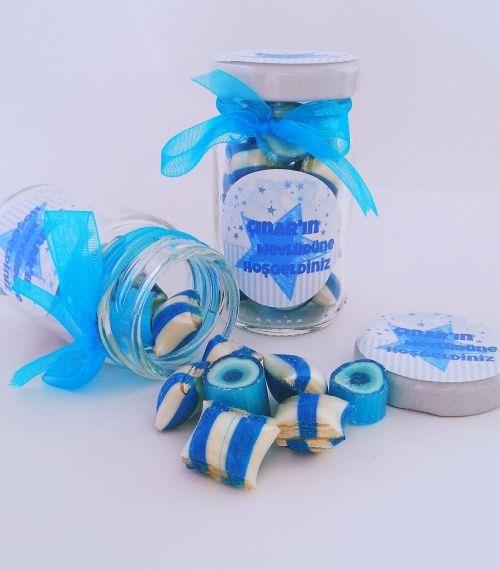 12 ADET MAVİ ÇIÇEKLİ KAVANOZLU  BEBEK ŞEKERİ 119