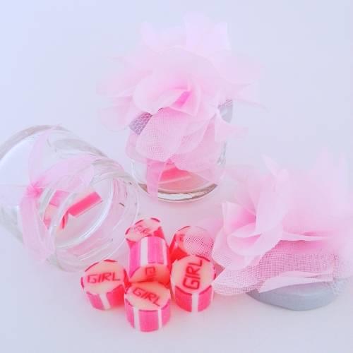 50 ADET PEMBE KURDELELİ ÇİÇEKLİ KAVANOZLU GİRL LOLLY ŞEKER 160