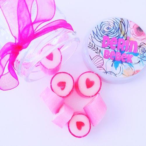 24 ADET ETİKETLİ KURDELELİ KAVANOZ PEMBE KALP LOLLY ŞEKER 54