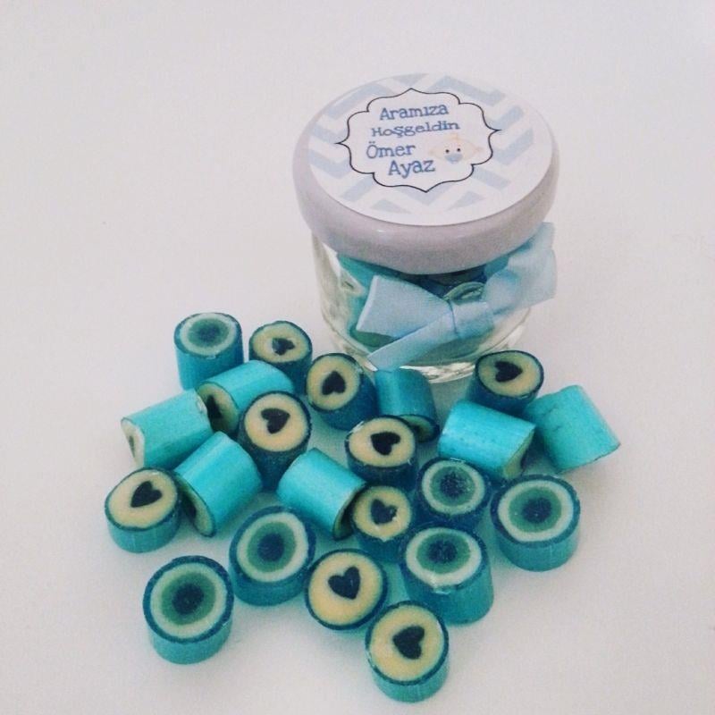 24 ADET MAVİ ETİKETLİ KURDELELİ KAVANOZ LOLLY ŞEKER 14