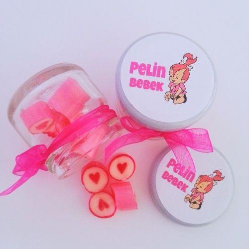 24 ADET ETİKETLİ KURDELELİ KAVANOZ PEMBE KALP LOLLY ŞEKER 82
