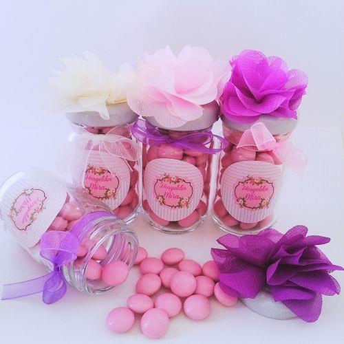 12 ADET PEMBE MOR LiLA BEYAZ ÇIÇEKLİ KAVANOZLU BEBEK ŞEKERİ 115
