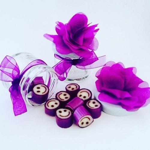 24 ADET MOR ÇIÇEKLI KURDELELİ KAVANOZLU MOR  LOLLY ŞEKER 88