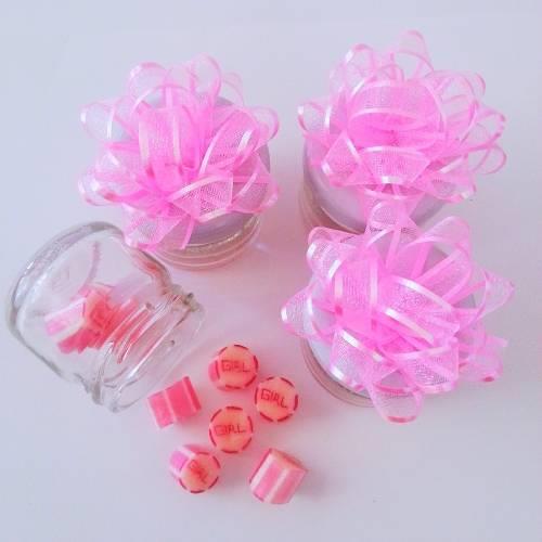 24 ADET KURDELELİ PEMBE YILDIZ ÇİÇEKLİ KAVANOZLU "GİRL" LOLLY BEBEK ŞEKERİ