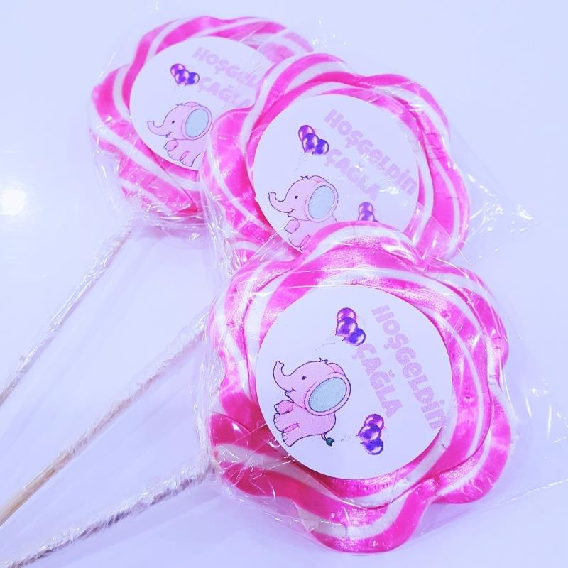 50 ADET ETİKETLİ PEMBE BEYAZ PAPATYA LOLİPOP BEBEK ŞEKERİ L58