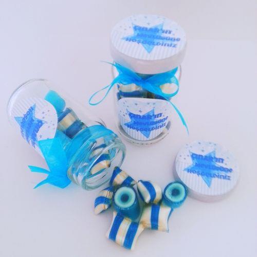 12 ADET MAVİ ÇIÇEKLİ KAVANOZLU  BEBEK ŞEKERİ 119