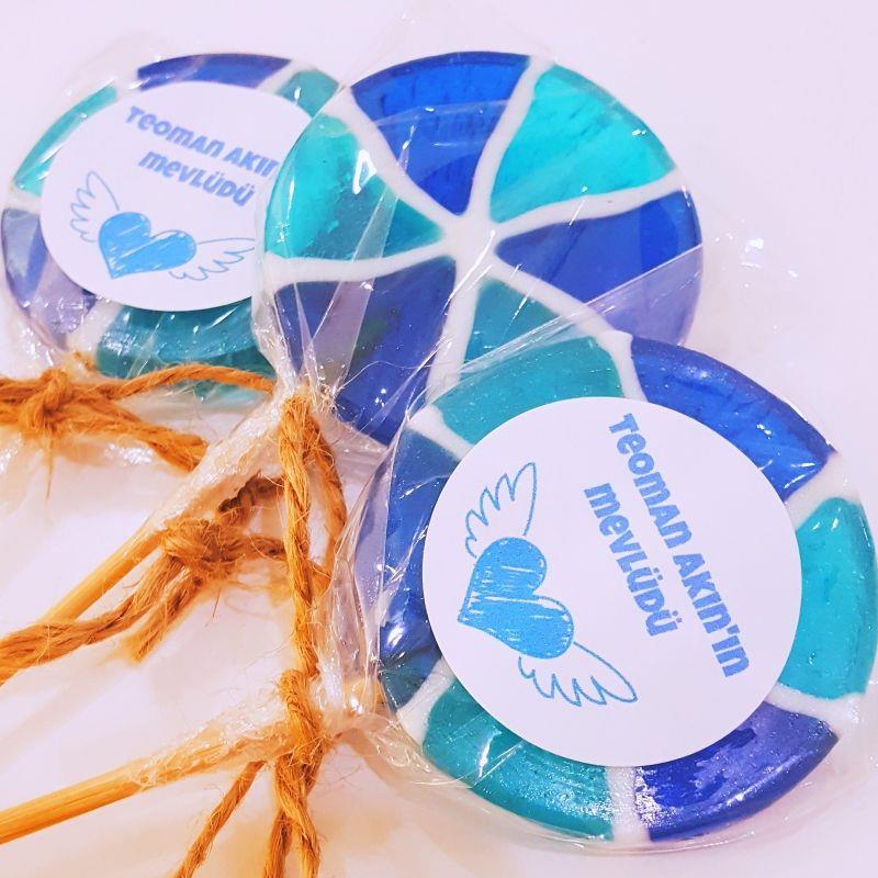 24 Adet Etiketli Mavi Dönme Dolap Lolly Lolipop Erkek Bebek Şekeri 206