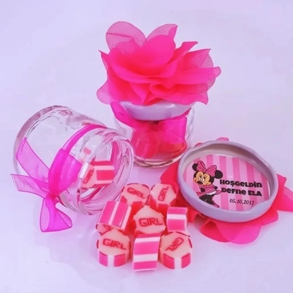 24 Adet Fusya Çiçekli Kavanozlu Girl Lolly Şeker 190