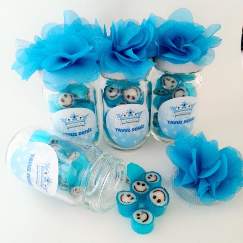 12 ADET MAVİ ÇİÇEKLİ KAVANOZLU BEBEK ŞEKERİ 126