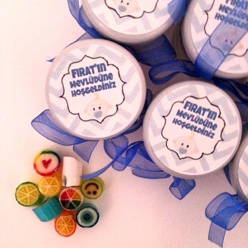 24 ADET MAVİ ETİKETLİ KURDELELİ KAVANOZ KARIŞIK LOLLY ŞEKER 19