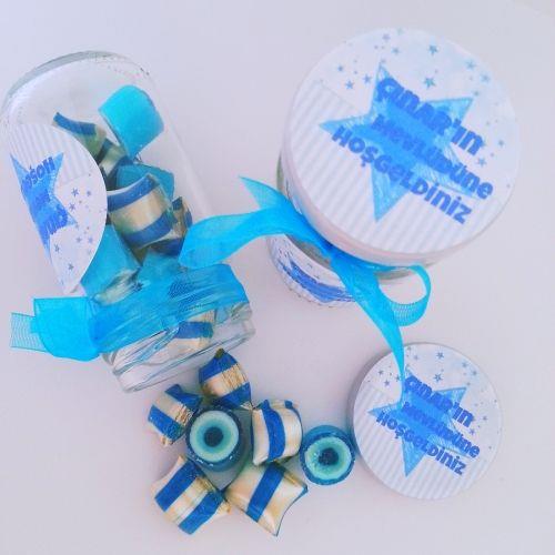 12 ADET MAVİ ÇIÇEKLİ KAVANOZLU  BEBEK ŞEKERİ 119