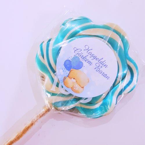 50 ADET ETİKETLİ MAVİ BEYAZ PAPATYA LOLİPOP BEBEK ŞEKERİ L59