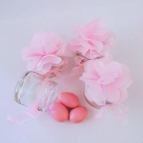 24 ADET PEMBE KURDELELİ ÇİÇEKLİ KAVANOZLU BADEM DRAJE 40