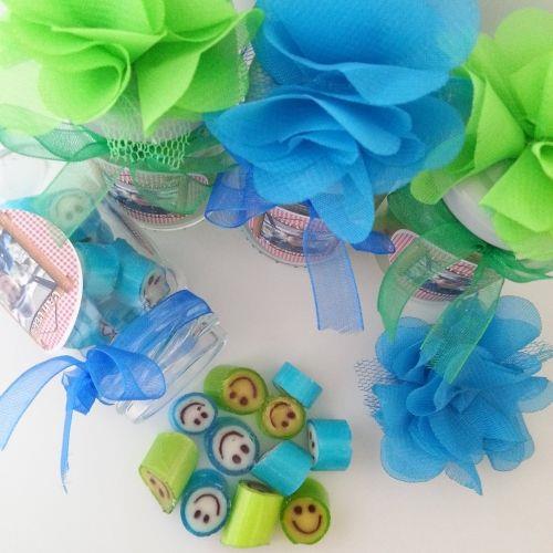 12 ADET MAVİ YEŞİL ÇİÇEKLİ KAVANOZLU  GÜLEN YÜZ LOLLY BEBEK SEKERİ 124