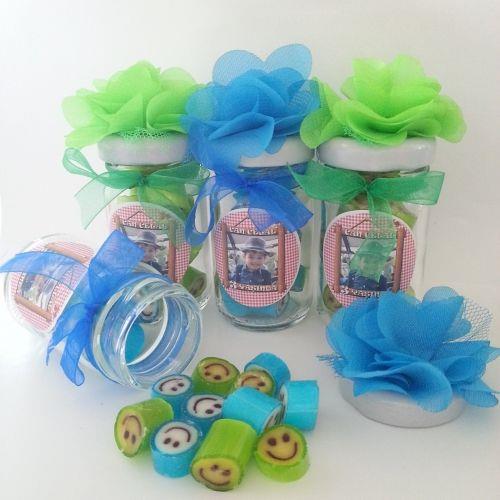 12 ADET MAVİ YEŞİL ÇİÇEKLİ KAVANOZLU  GÜLEN YÜZ LOLLY BEBEK SEKERİ 124