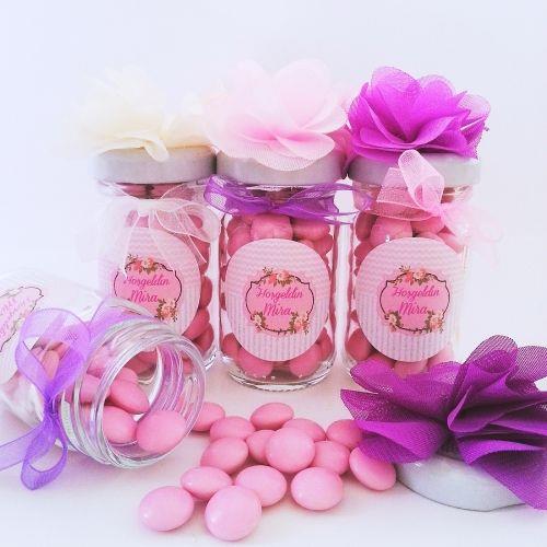 12 ADET PEMBE MOR LiLA BEYAZ ÇIÇEKLİ KAVANOZLU BEBEK ŞEKERİ 115