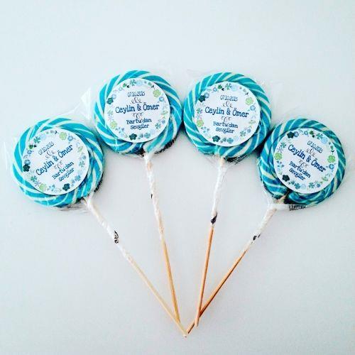 24 ADET ETİKETLİ MAVİ BEYAZ SOSYETE LOLİPOP ŞEKER L17