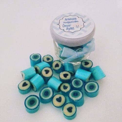 24 ADET MAVİ ETİKETLİ KURDELELİ KAVANOZ LOLLY ŞEKER 14