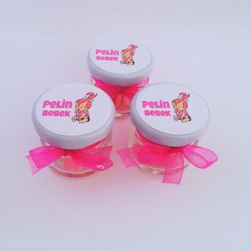 24 ADET ETİKETLİ KURDELELİ KAVANOZ PEMBE KALP LOLLY ŞEKER 82