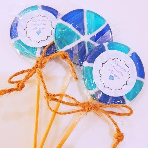 12 Adet Etiketli Mavi Dönme Dolap Lolly Lolipop Erkek Bebek Şekeri 266