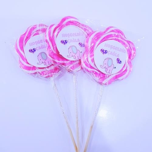 24 ADET ETİKETLİ PEMBE BEYAZ PAPATYA LOLİPOP BEBEK ŞEKERİ L52