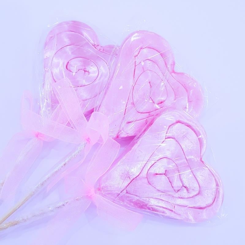 24 ADET KURDELELİ KALP LOLİPOP TEK RENK PEMBE  L48