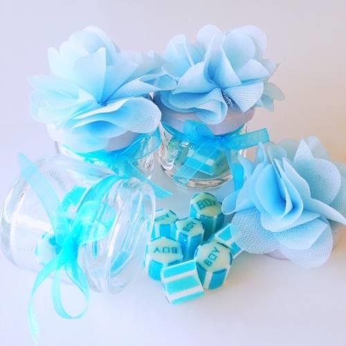 50 ADET MAVİ KURDELELİ ÇİÇEKLİ KAVANOZLU BOY LOLLY ŞEKER 156