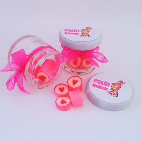 24 ADET ETİKETLİ KURDELELİ KAVANOZ PEMBE KALP LOLLY ŞEKER 82