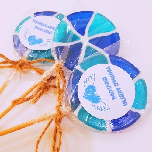 24 Adet Etiketli Mavi Dönme Dolap Lolly Lolipop Erkek Bebek Şekeri 206