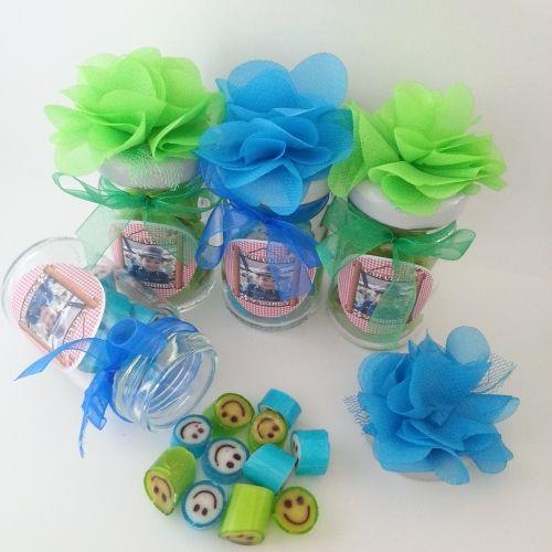 12 ADET MAVİ YEŞİL ÇİÇEKLİ KAVANOZLU  GÜLEN YÜZ LOLLY BEBEK SEKERİ 124