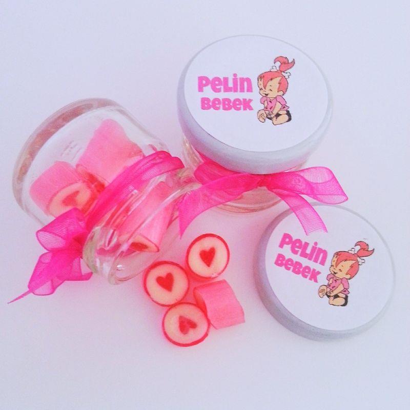 24 ADET ETİKETLİ KURDELELİ KAVANOZ PEMBE KALP LOLLY ŞEKER 82