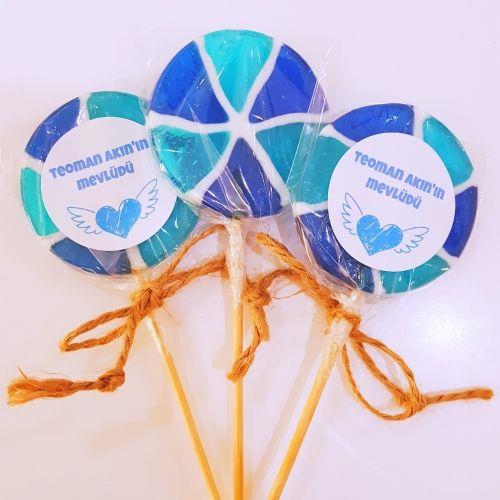 12 Adet Etiketli Mavi Dönme Dolap Lolly Lolipop Erkek Bebek Şekeri 266