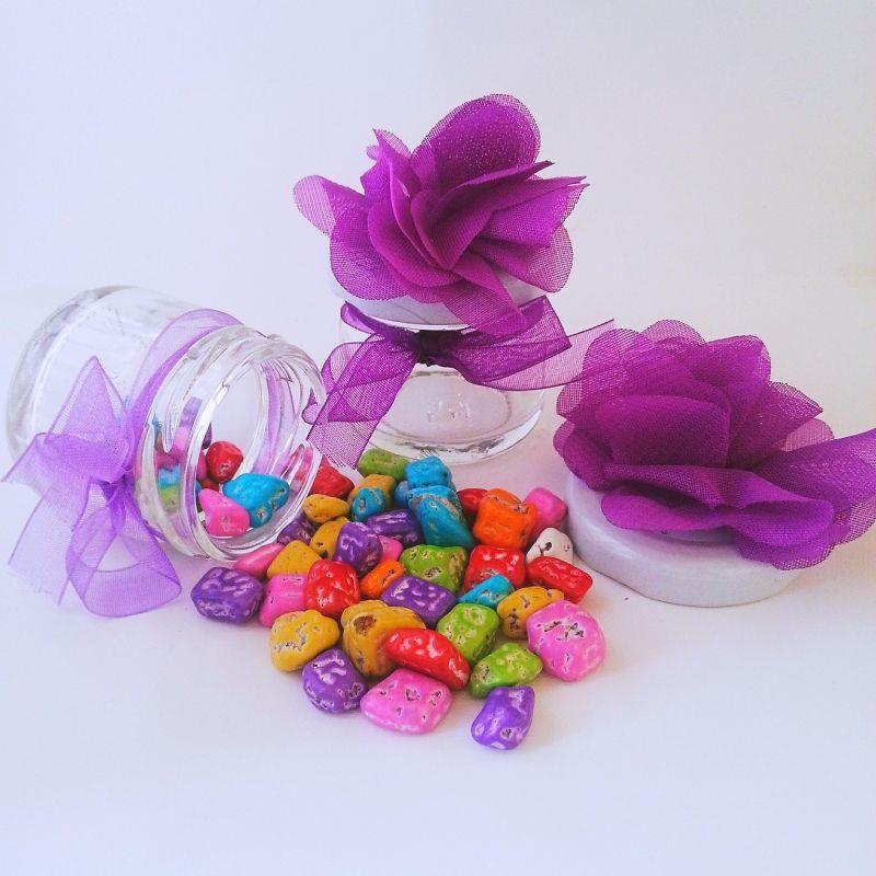 24 ADET MOR ÇİÇEKLİ KURDELELİ KAVANOZLU ÇAKIL TAŞI BEBEK ŞEKERİ 95