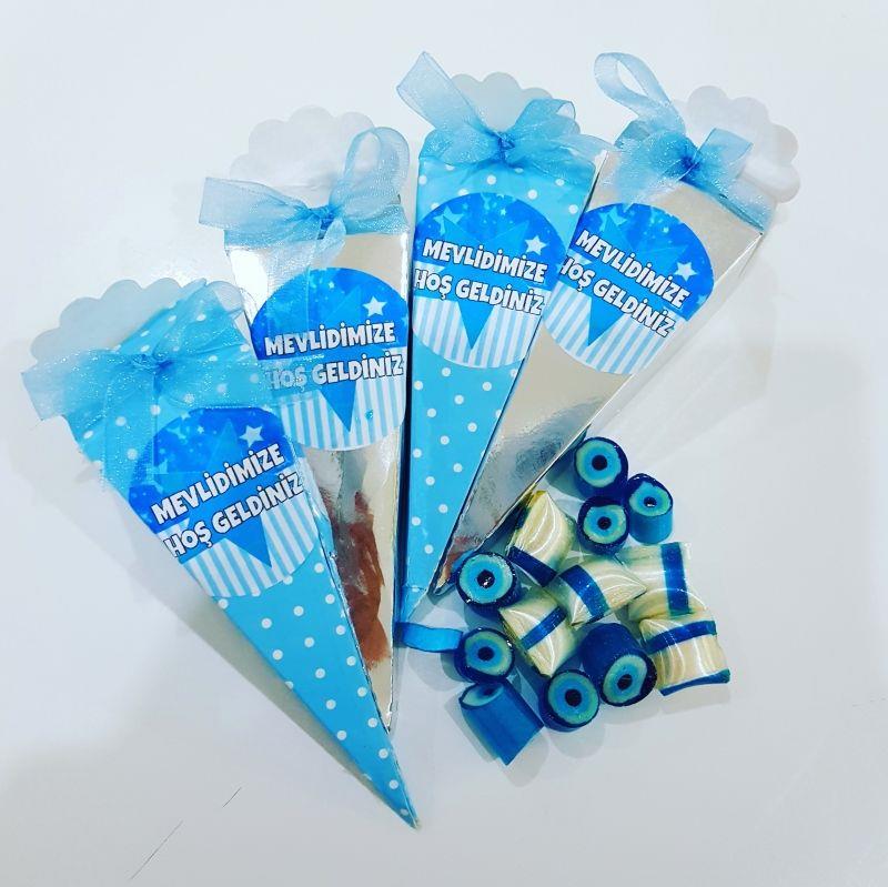 24 ADET KURDELELİ ETİKETLİ KÜLAHLI ERKEK BEBEK MEVLÜT ŞEKER Gümüş  30 gr M22