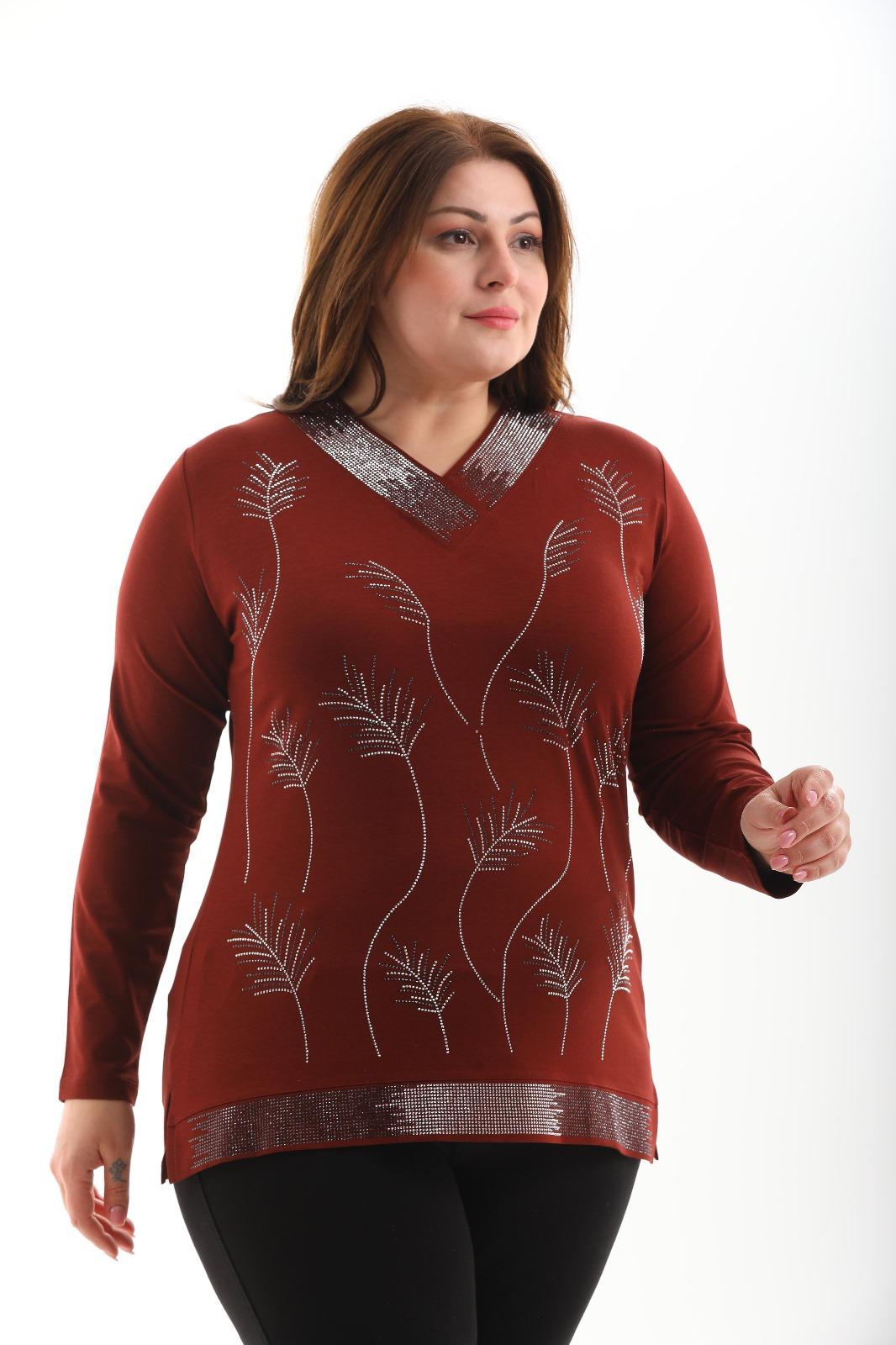 V Yaka Taşlı İpek Penye