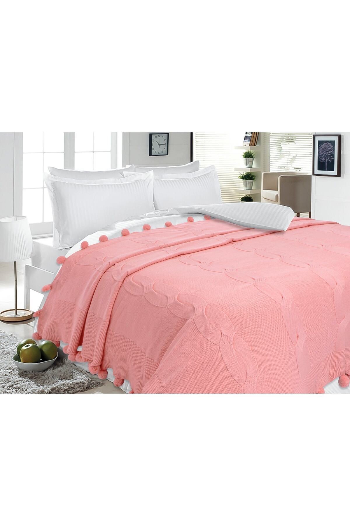 Saç Örgü Pon Pon Triko Yatak Örtüsü 200 x 220 cm - Pembe