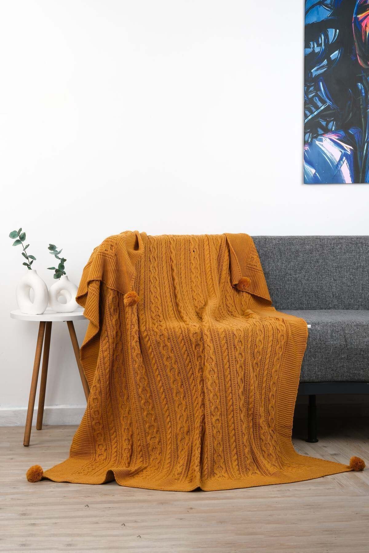 Derya Triko Örgülü Tv Battaniyesi 4 Ponponlu 130 X 170 Cm - Hardal