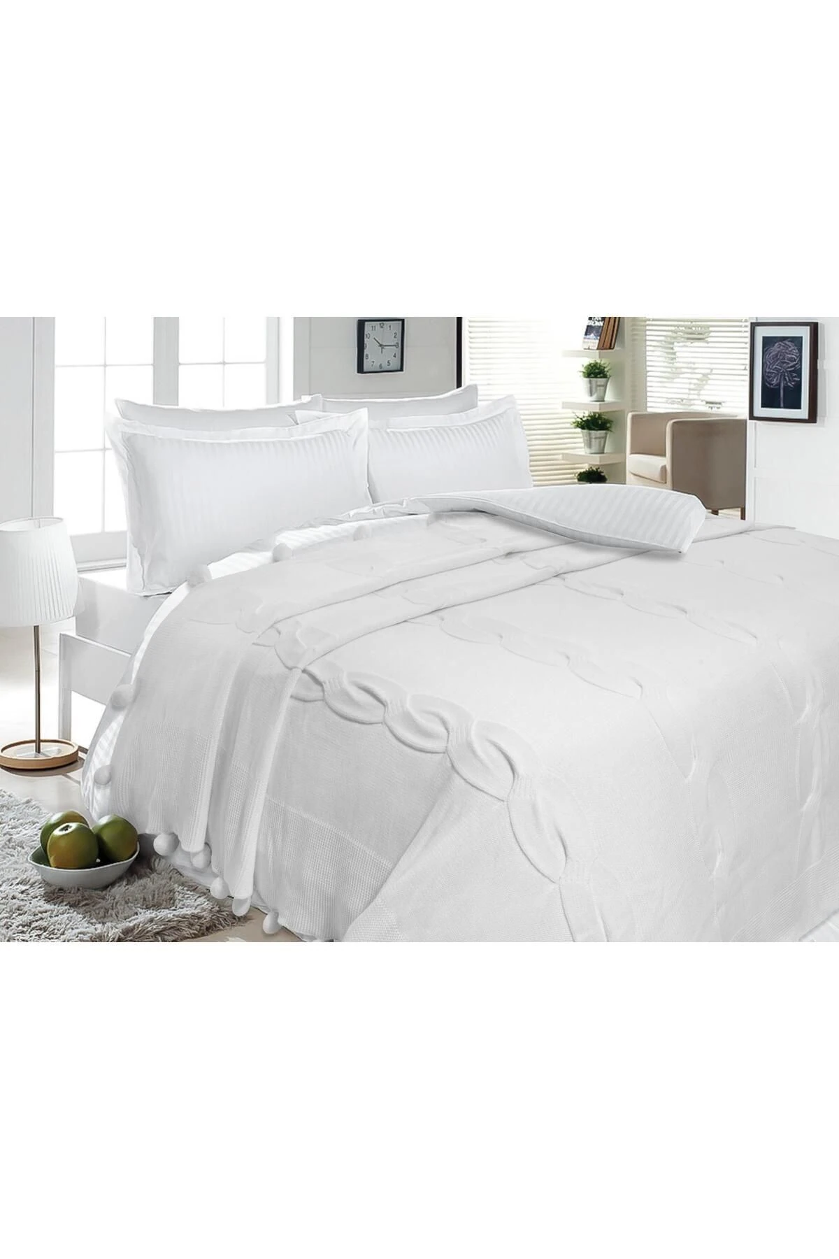 Elit Triko Yatak Örtüsü Ponponlu  220 X 240 - Kemik